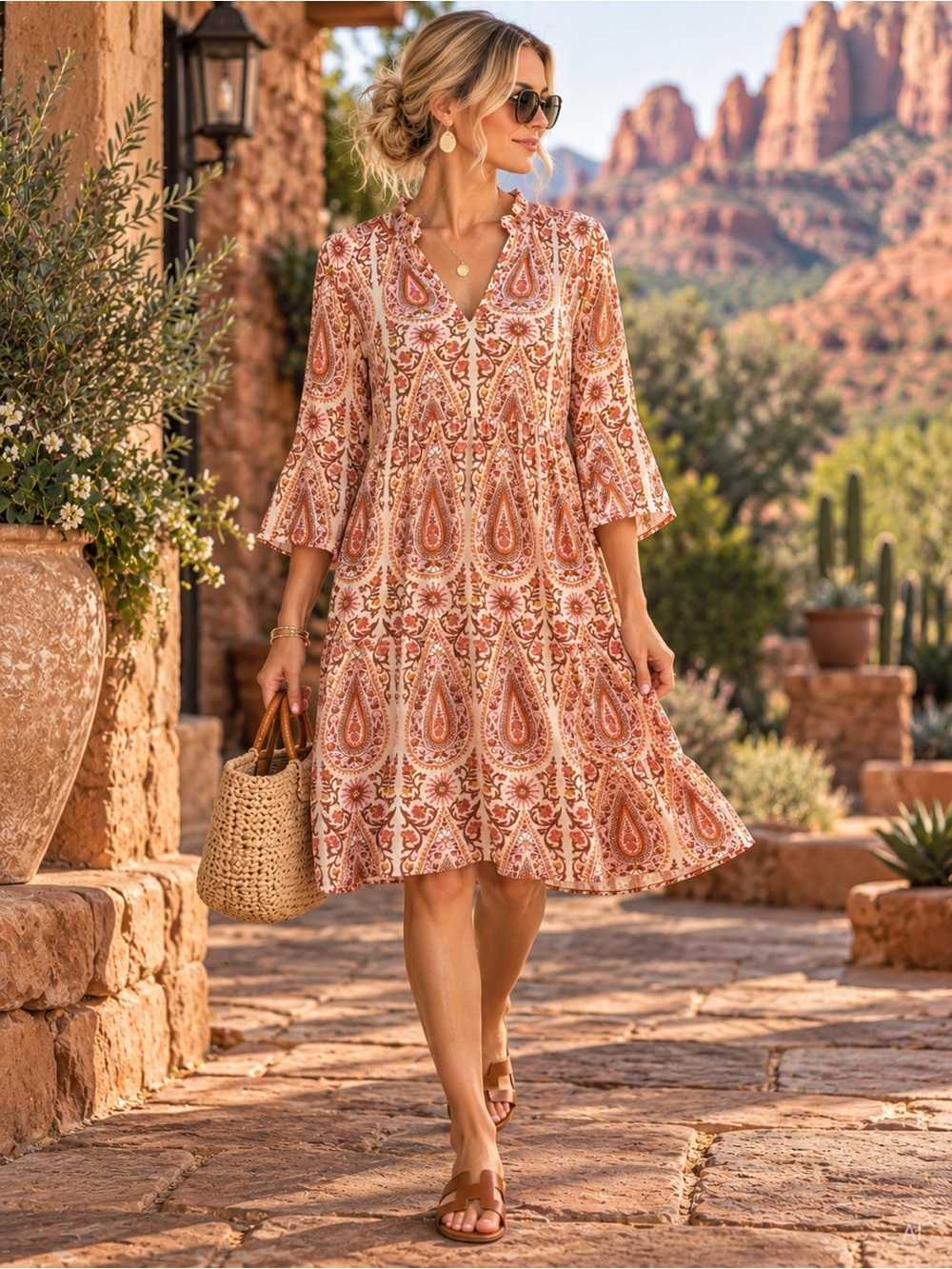 Spartina 449 Maisie Pink House Boho Paisley Tiered Dress Large